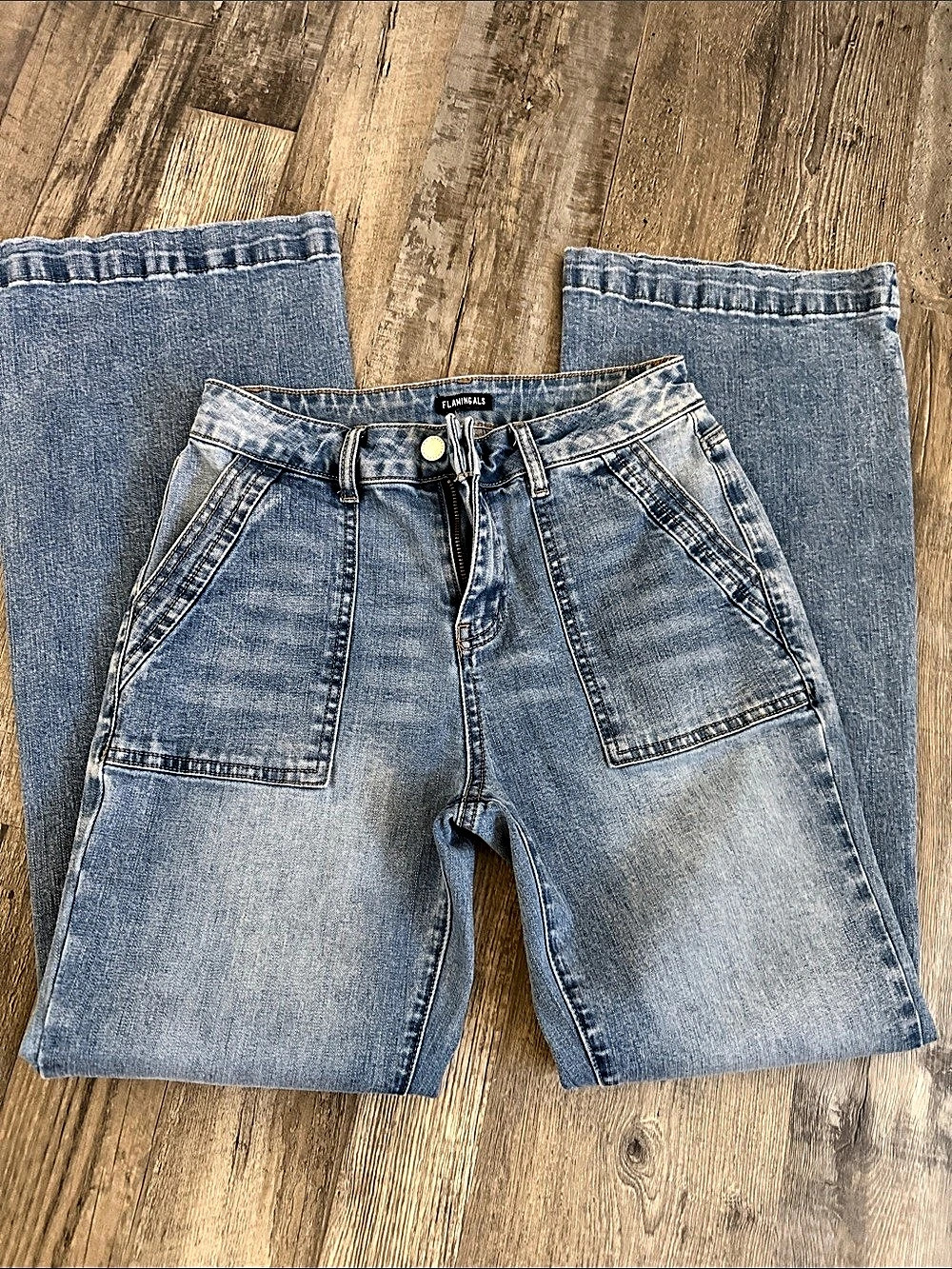 Flamingals Patch Pocket Mid Rise Flare Jeans Blue Small